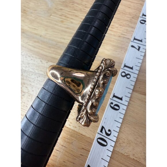 Large Turquoise Blue Square Stone Ring Size 8 With Ornate Gold-Toned Band Vintag - Picture 3 of 12